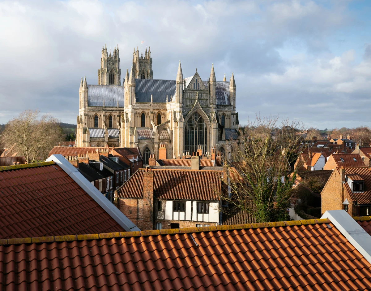 Beverley Minster rising above the rooftops of Beverley town centre