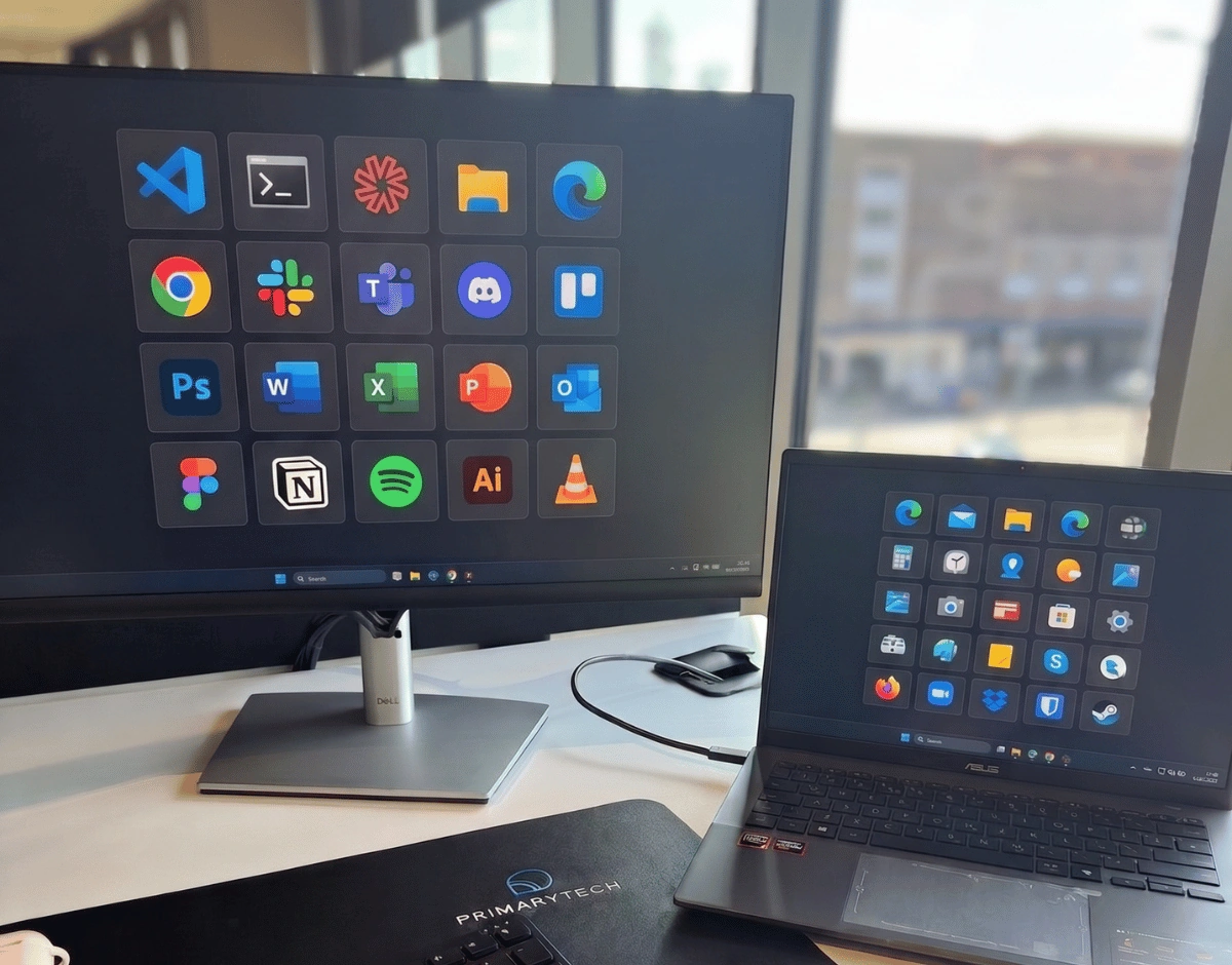 Desktop monitor and laptop displaying a grid of business and productivity app icons, representing business apps and automation