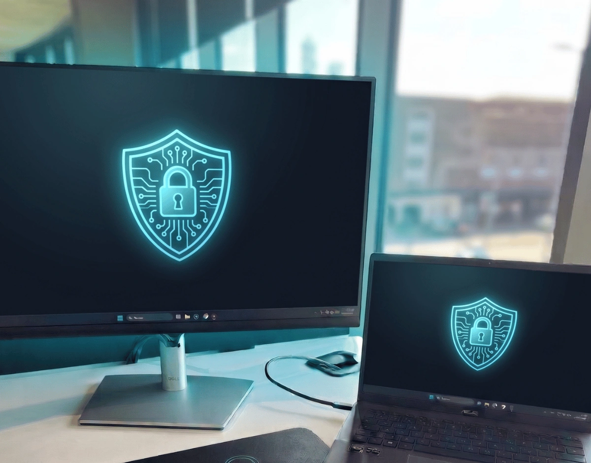Desktop monitor and laptop showing a glowing cyber security shield with a padlock