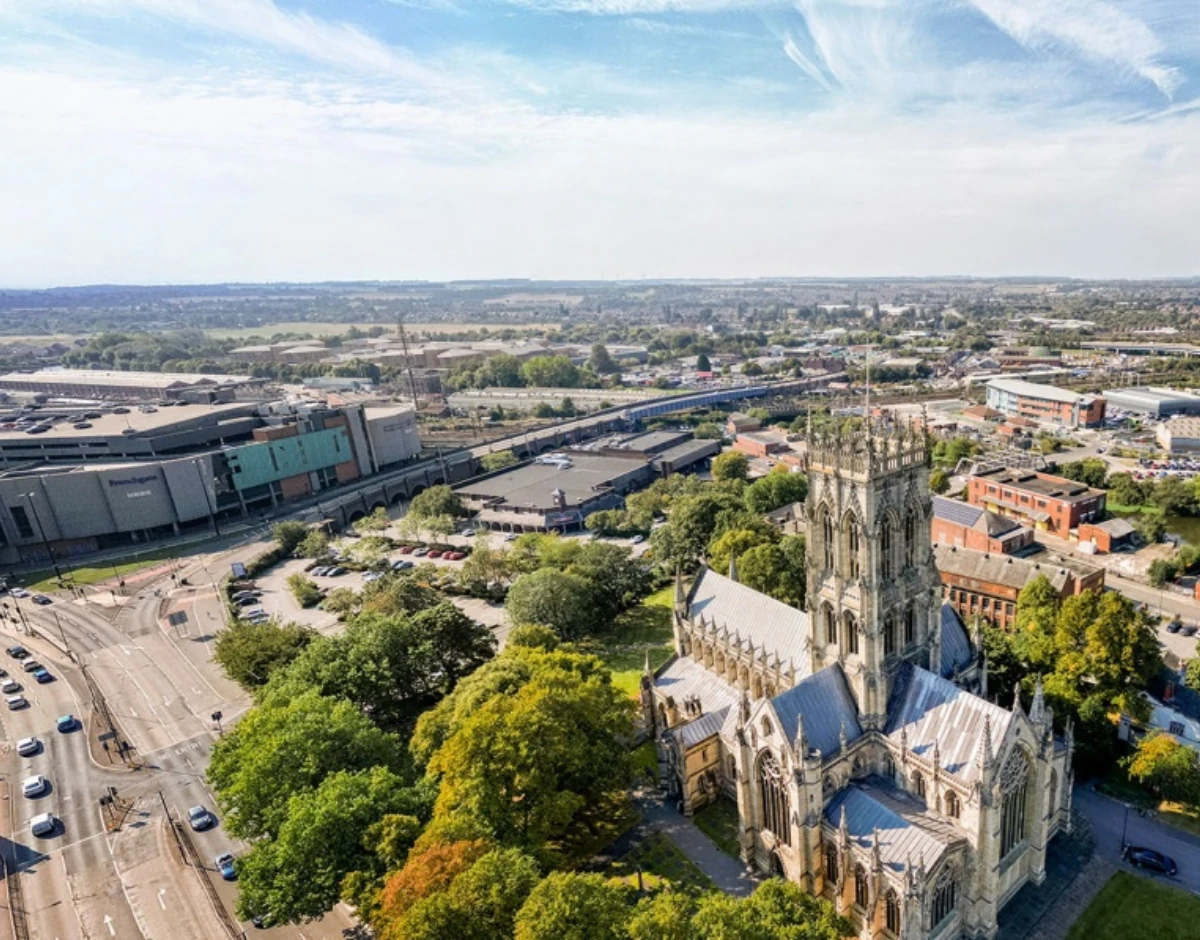 Aerial view of Doncaster Minster and the town centre