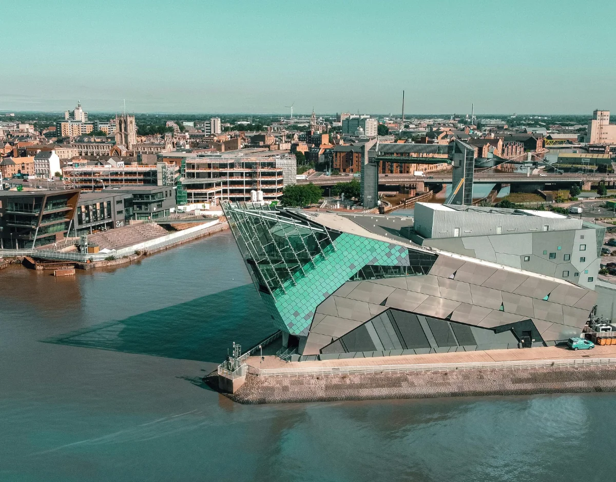 Aerial view of The Deep aquarium and the Hull city skyline on the waterfront