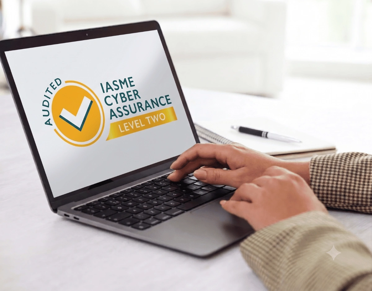 Person typing on a laptop displaying the IASME Cyber Assurance Level Two audited certification badge