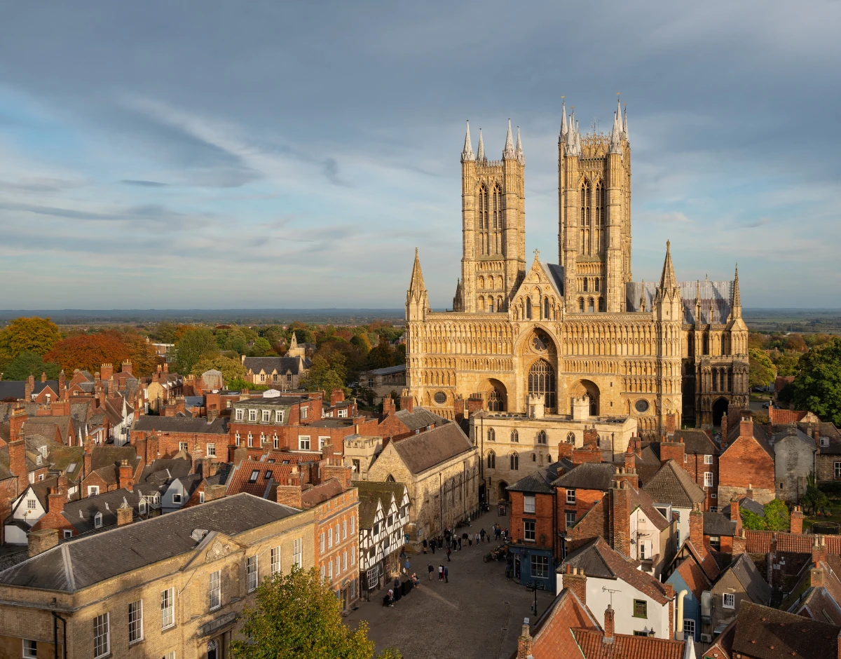 Lincoln Cathedral above the rooftops of Lincoln old town