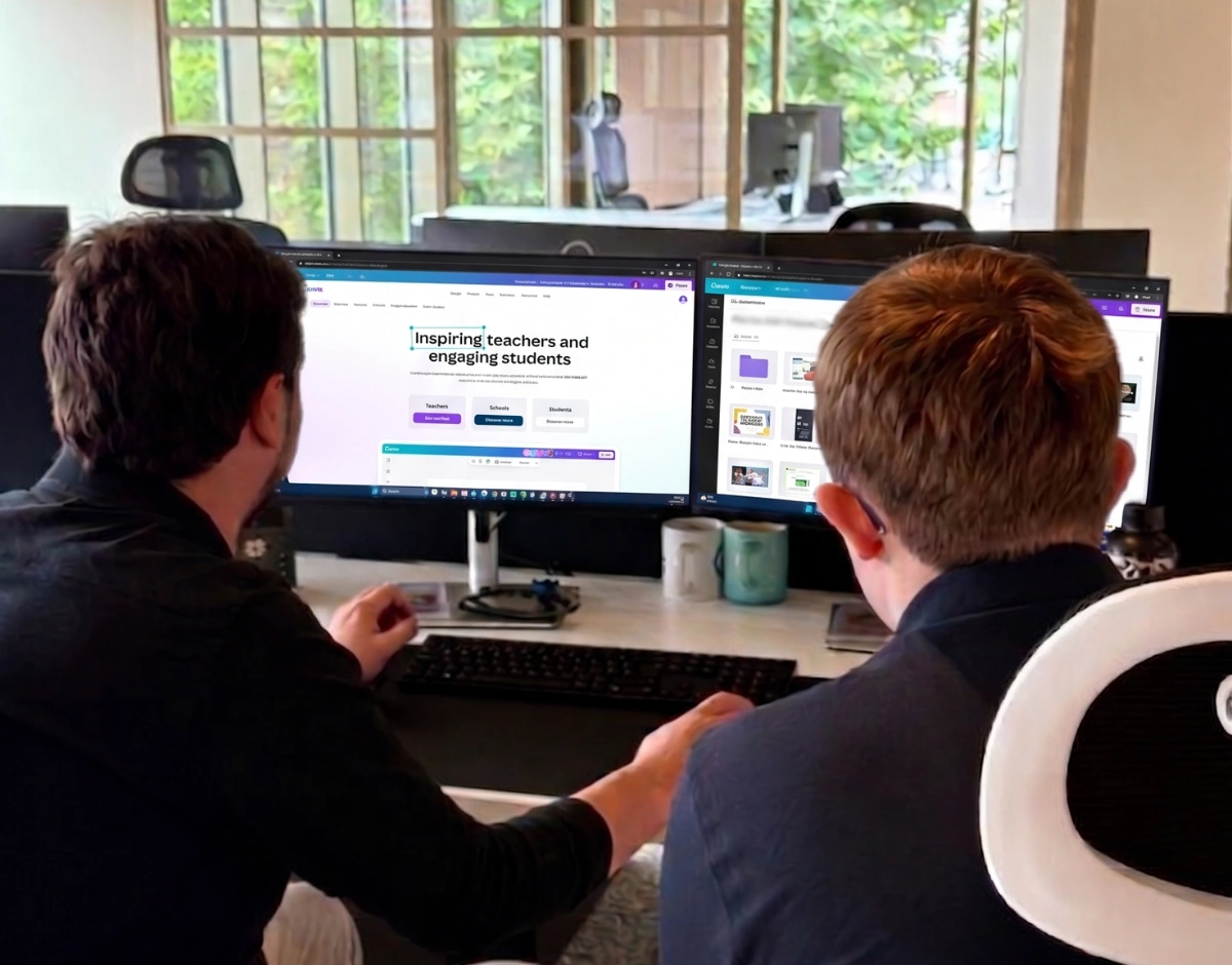PrimaryTech trainer working through Canva for Education with a school staff member, with the Canva for Education schools homepage and a design workspace open on dual monitors