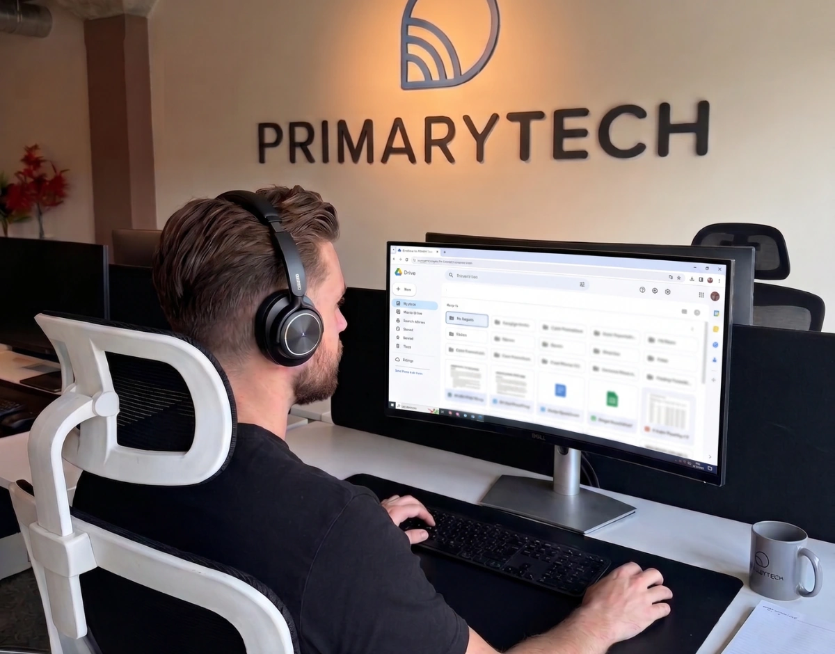PrimaryTech team member working in a cloud workspace on Google Drive at their desk in the Hull office