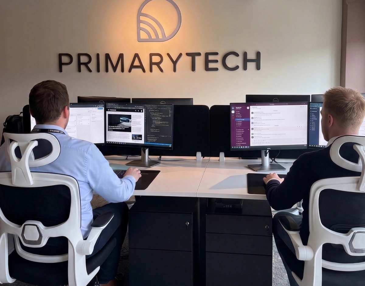 PrimaryTech team working at dual-monitor desks in the Hull office