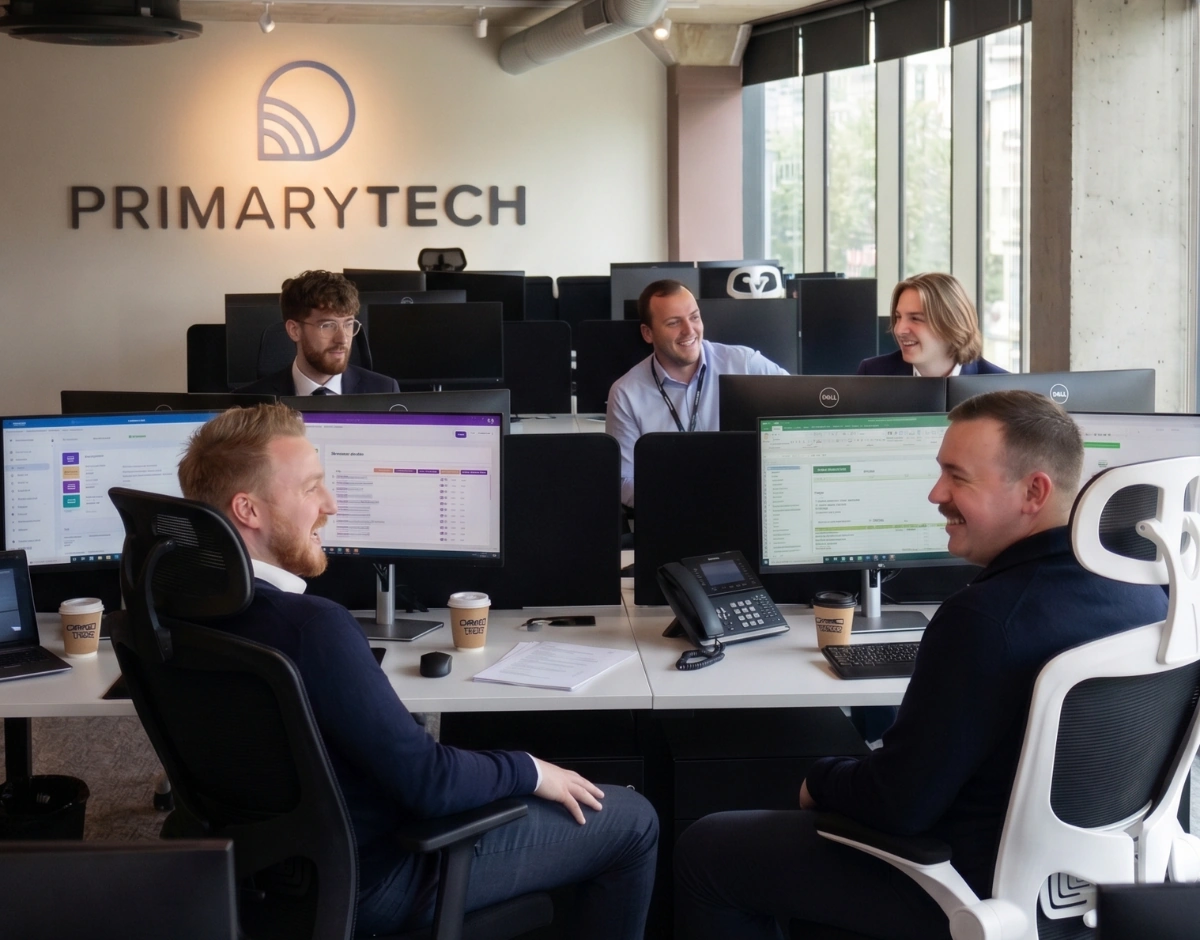 PrimaryTech team members collaborating at their desks in the Hull office