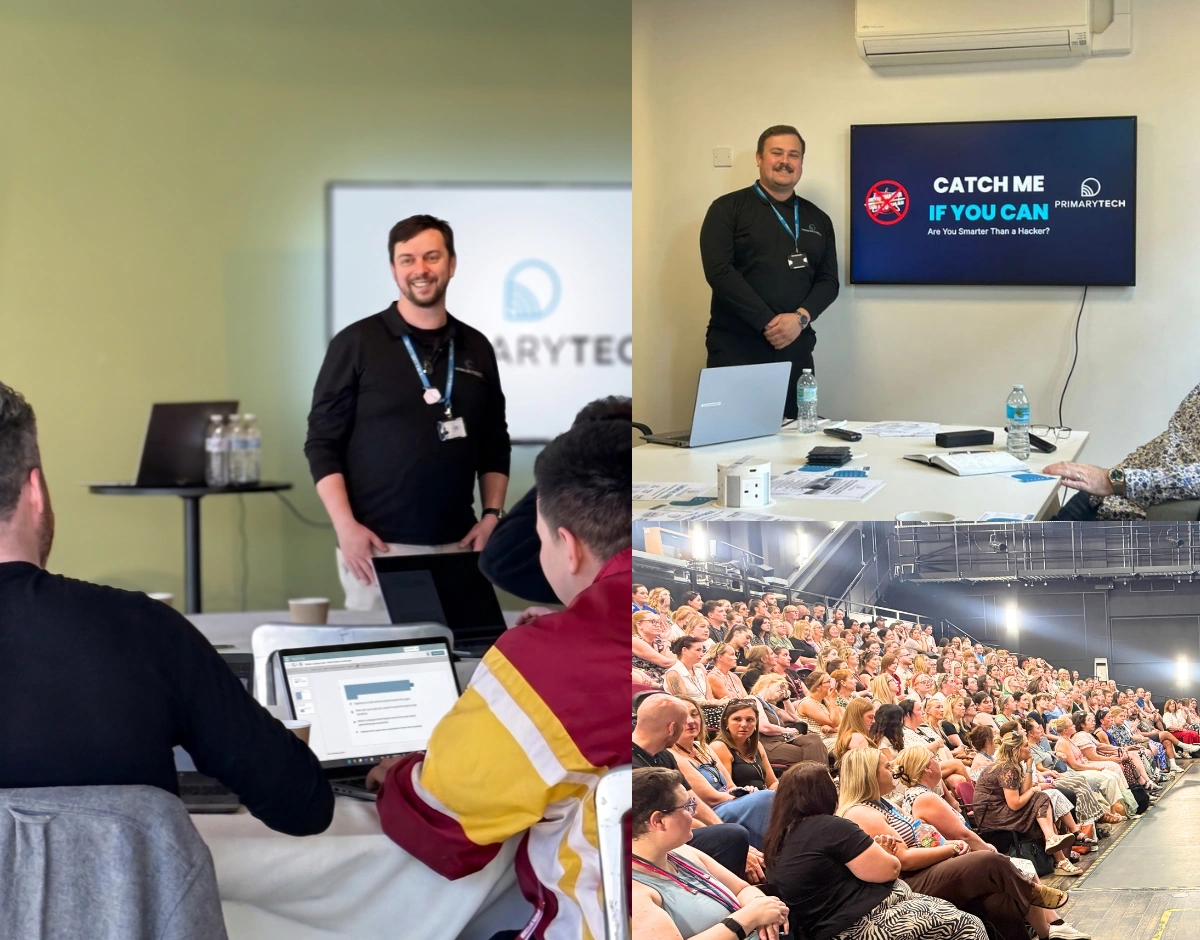 Collage of PrimaryTech staff training and cyber awareness sessions with a presenter and a seated audience