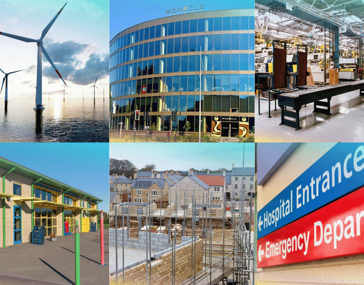 Collage of the sectors PrimaryTech serves: renewable energy, business offices, manufacturing, education, construction and healthcare